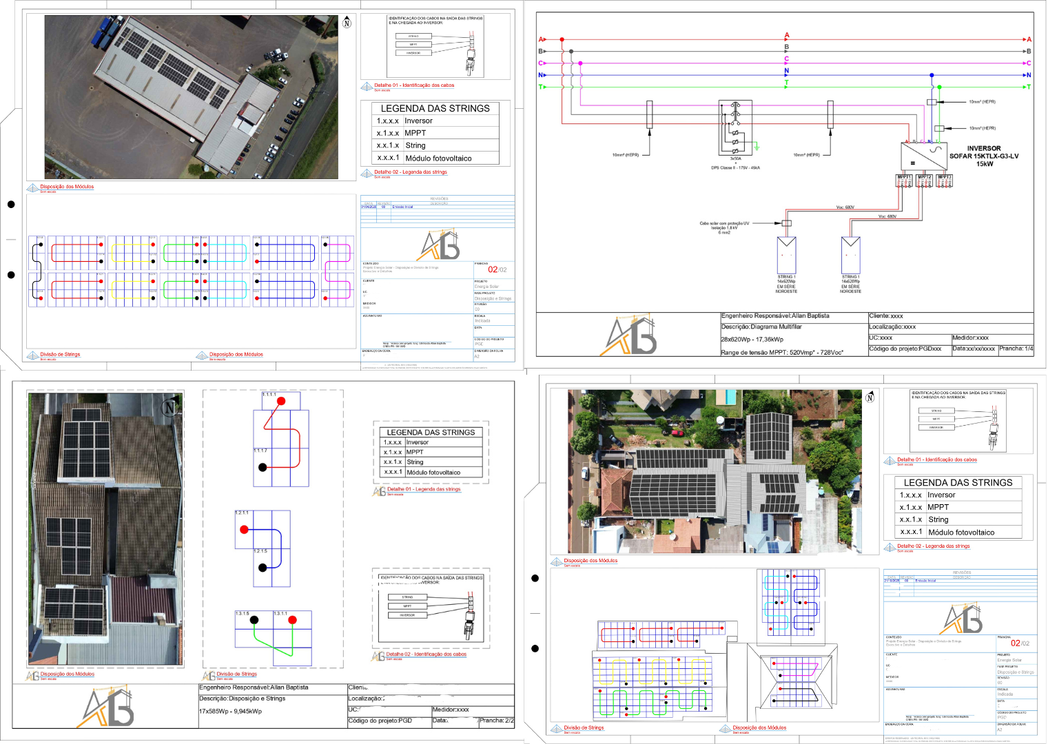 Pranchas técnicas AB Engenharia: diagramas unifilares, disposição de módulos e divisão de strings